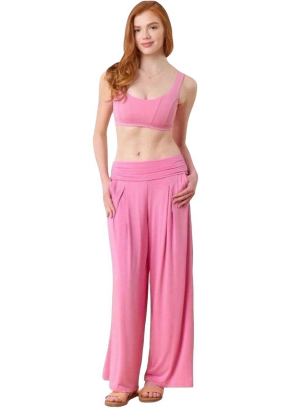 Blogilates Homebody Foldover Wide-Leg Pant - Size Large - Pink